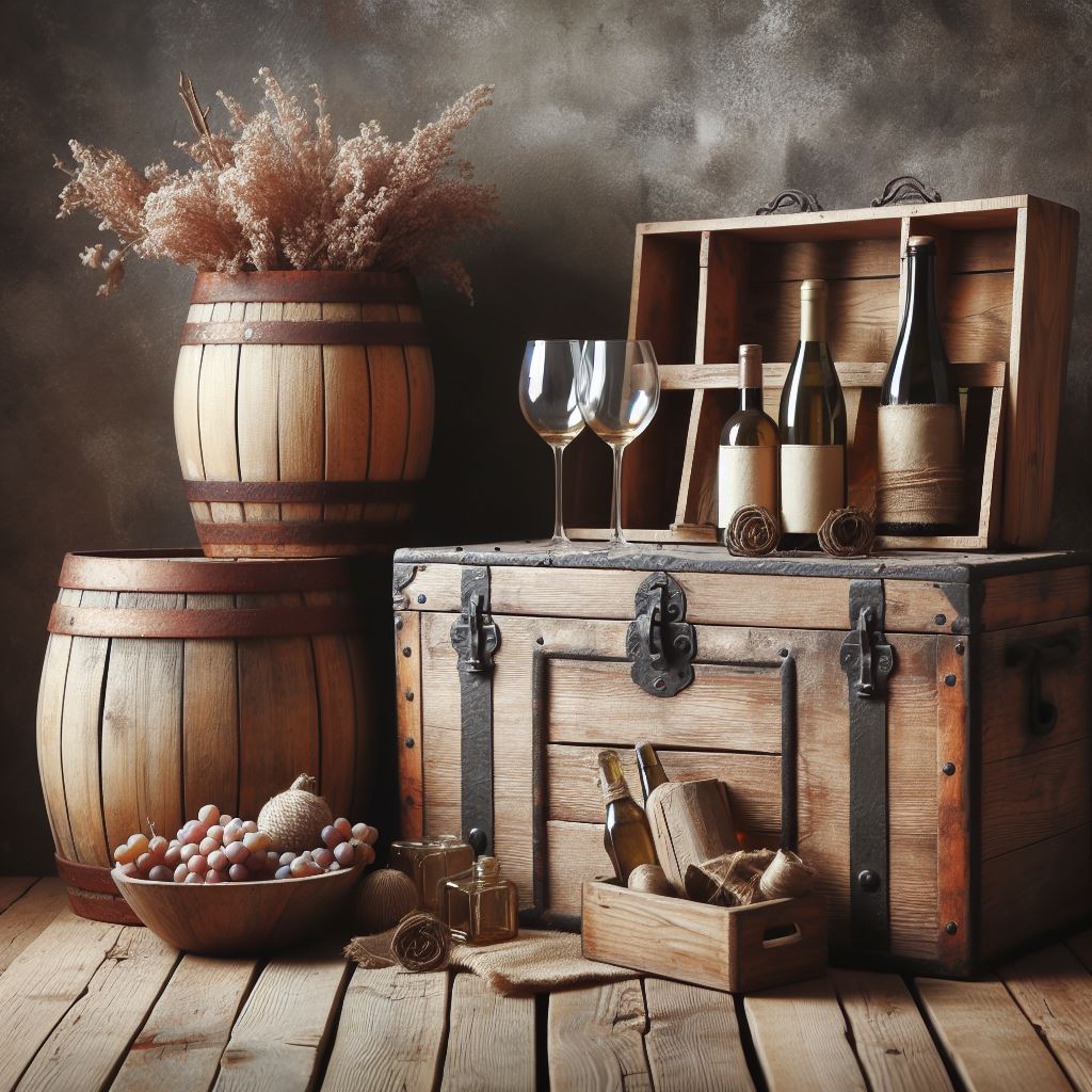 wino na drewnianym kufrze w otoczeniu rustykalnym